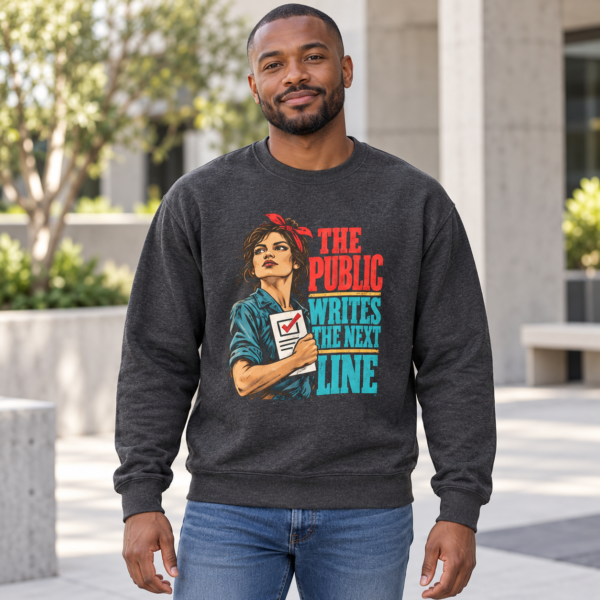 Crewneck Sweatshirt — The Public Writes the Next Line (Vintage Rosie Voter Graphic)