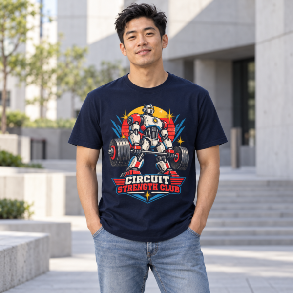 Circuit Strength Club T-Shirt — Retro Robot Weightlifting Gym Tee