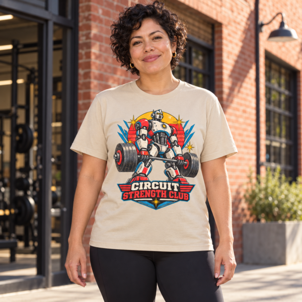 Circuit Strength Club T-Shirt — Retro Robot Weightlifting Gym Tee