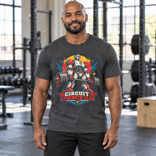 Circuit Strength Club T-Shirt — Retro Robot Weightlifting Gym Tee