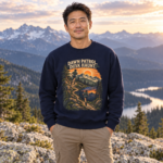 Outdoor Crewneck Sweatshirt — “Dawn Patrol Dusk Haunt” Vintage Mountain Graphic