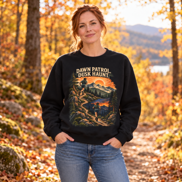 Outdoor Crewneck Sweatshirt — “Dawn Patrol Dusk Haunt” Vintage Mountain Graphic