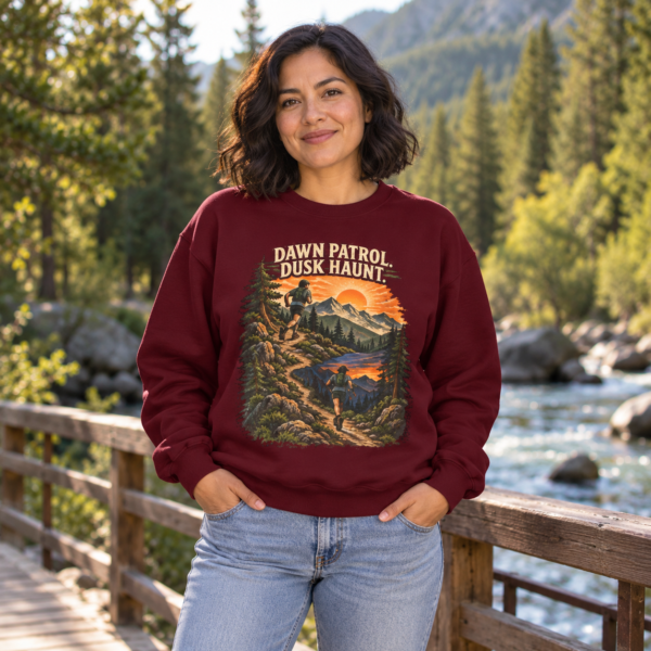 Outdoor Crewneck Sweatshirt — “Dawn Patrol Dusk Haunt” Vintage Mountain Graphic