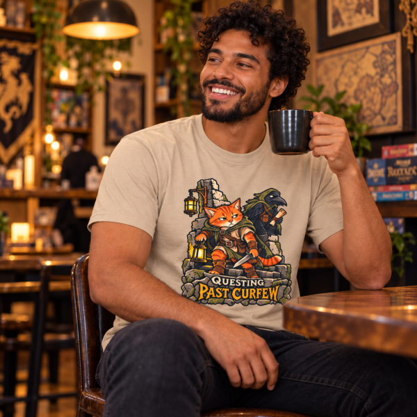 Questing Past Curfew T-Shirt — Retro RPG Cat & Crow Fantasy Tee