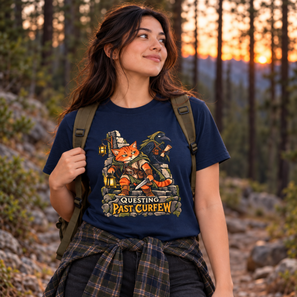 Questing Past Curfew T-Shirt — Retro RPG Cat & Crow Fantasy Tee