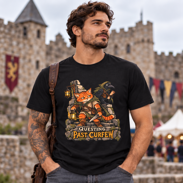 Questing Past Curfew T-Shirt — Retro RPG Cat & Crow Fantasy Tee