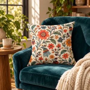 Floral Vintage Boho Square Pillow — Orange & Teal Decorative Throw Pillow
