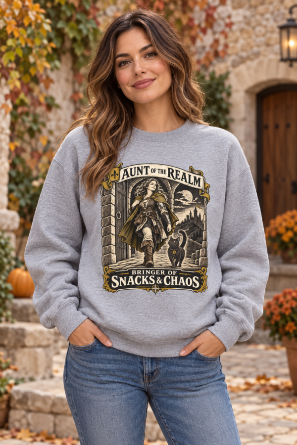 Crewneck Sweatshirt — "Aunt of the Realm: Bringer of Snacks & Chaos" Fantasy Graphic