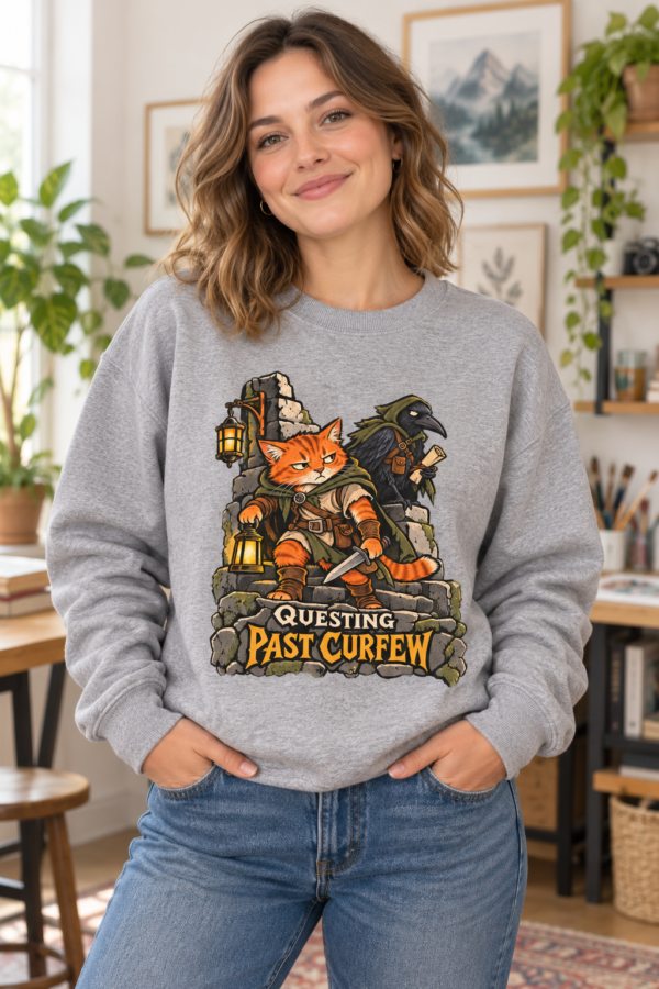 Questing Past Curfew Crewneck Sweatshirt — Fox Adventurer & Crow RPG Graphic