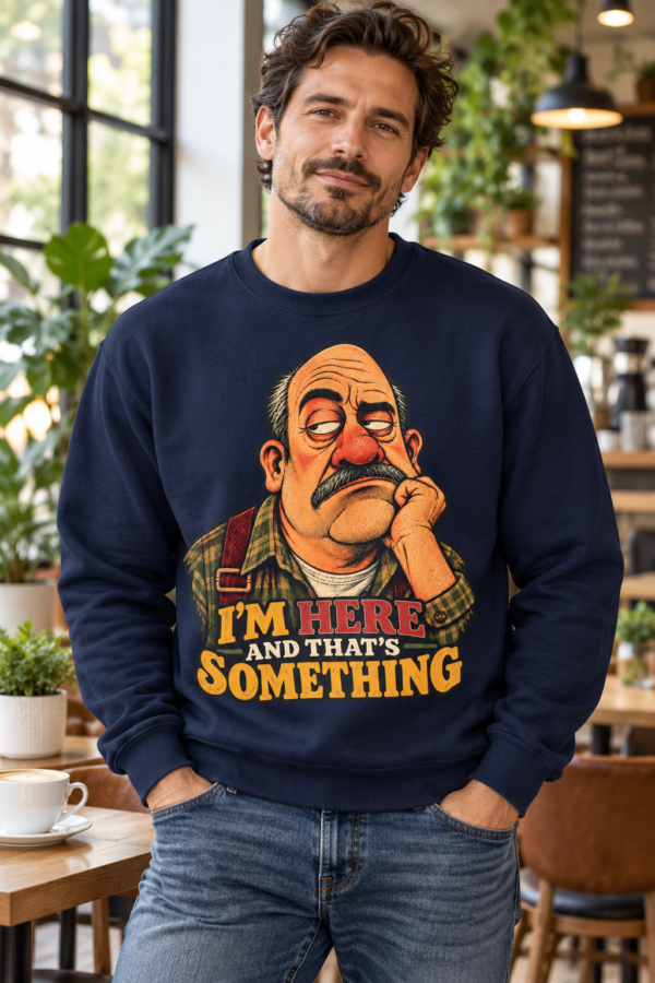 Crewneck Sweatshirt — "I'm Here and That's Something" Funny Grumpy Grandpa Graphic