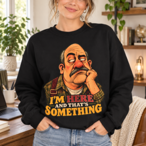 Crewneck Sweatshirt — "I'm Here and That's Something" Funny Grumpy Grandpa Graphic
