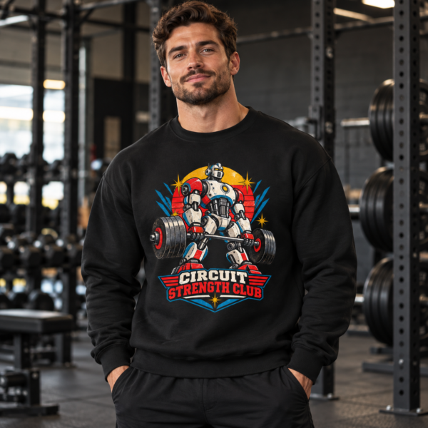 Circuit Strength Club Sweatshirt — Retro Robot Weightlifting Crewneck
