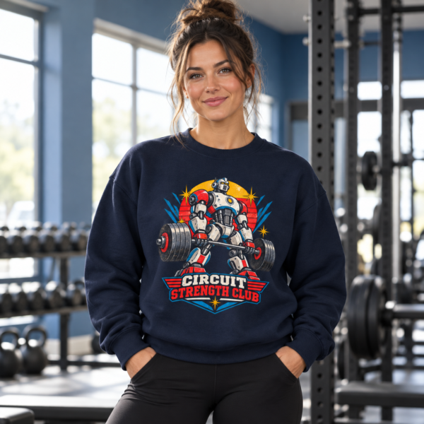 Circuit Strength Club Sweatshirt — Retro Robot Weightlifting Crewneck