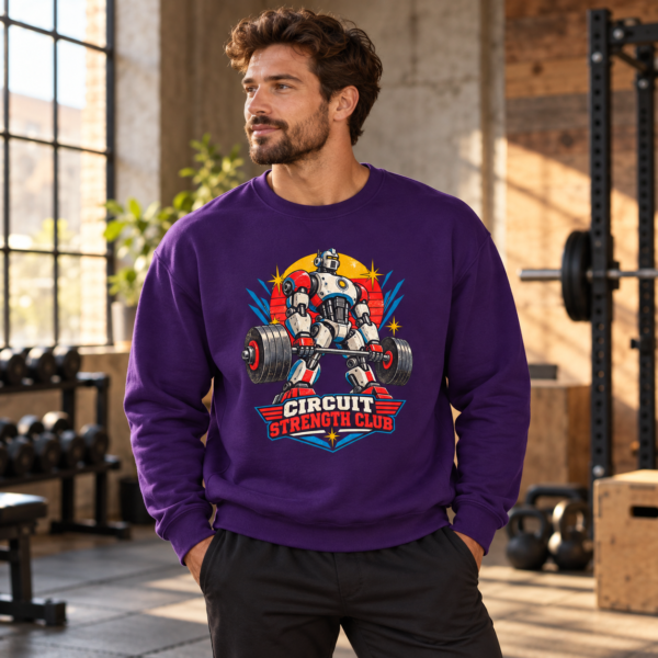 Circuit Strength Club Sweatshirt — Retro Robot Weightlifting Crewneck