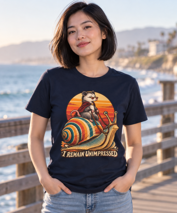 T-Shirt — “I Remain Unimpressed” Ferret Riding Snail Retro Sunset Graphic