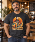 T-Shirt — “I Remain Unimpressed” Ferret Riding Snail Retro Sunset Graphic