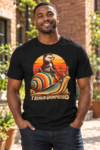 T-Shirt — “I Remain Unimpressed” Ferret Riding Snail Retro Sunset Graphic