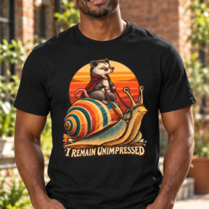 T-Shirt — “I Remain Unimpressed” Ferret Riding Snail Retro Sunset Graphic