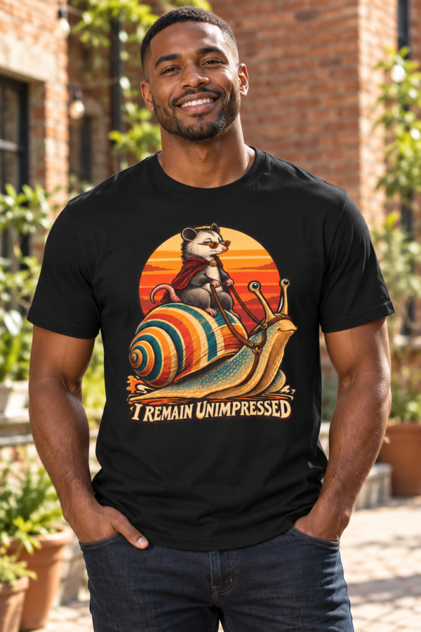 T-Shirt — “I Remain Unimpressed” Ferret Riding Snail Retro Sunset Graphic