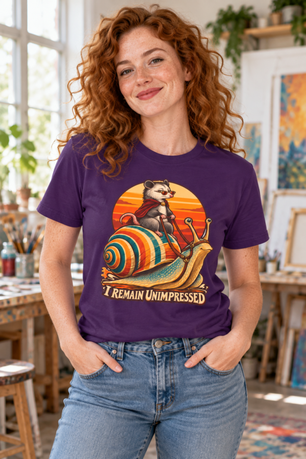 T-Shirt — “I Remain Unimpressed” Ferret Riding Snail Retro Sunset Graphic
