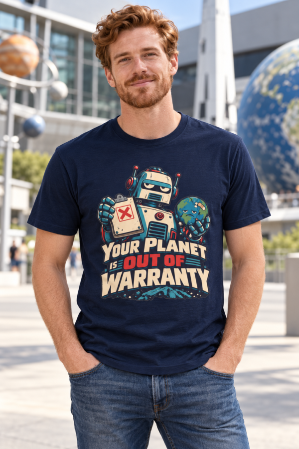Your Planet Is Out Of Warranty T-Shirt — Retro Robot Climate Awareness Tee