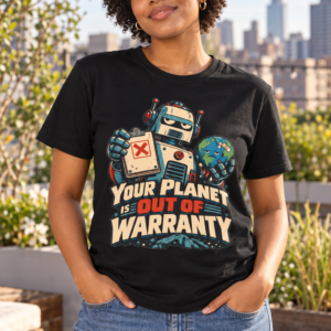 Your Planet Is Out Of Warranty T-Shirt — Retro Robot Climate Awareness Tee