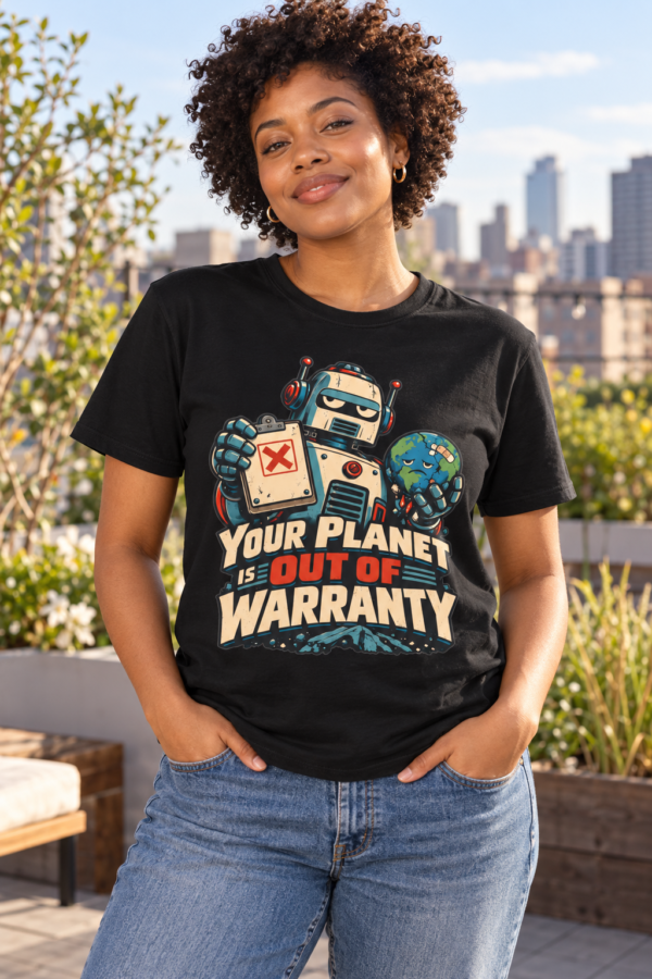 Your Planet Is Out Of Warranty T-Shirt — Retro Robot Climate Awareness Tee