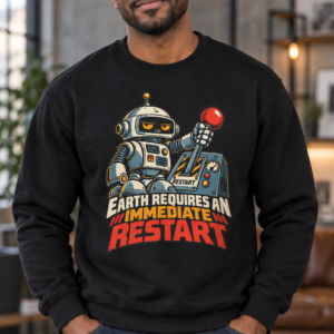 Crewneck Sweatshirt - Retro Robot "Earth Requires an Immediate Restart" Graphic