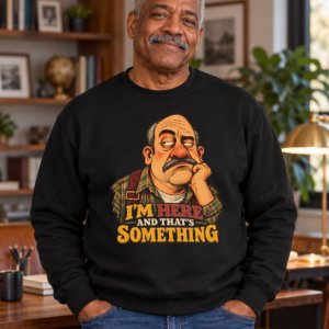 T-Shirt — "I’m Here and That’s Something" Funny Grumpy Grandpa Graphic Tee