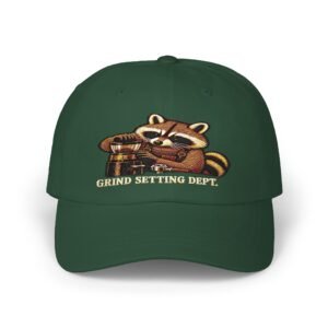 Grind Setting Dept. Raccoon Espresso Dad Cap — Relaxed Embroidered Baseball Hat