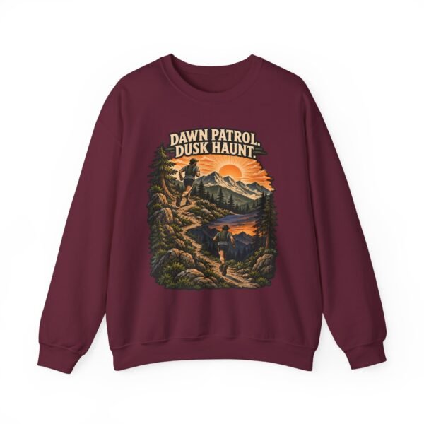 Outdoor Crewneck Sweatshirt — “Dawn Patrol Dusk Haunt” Vintage Mountain Graphic