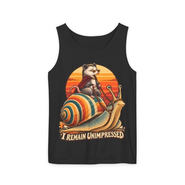 I Remain Unimpressed Tank Top — Raccoon Riding Colorful Snail Retro Graphic