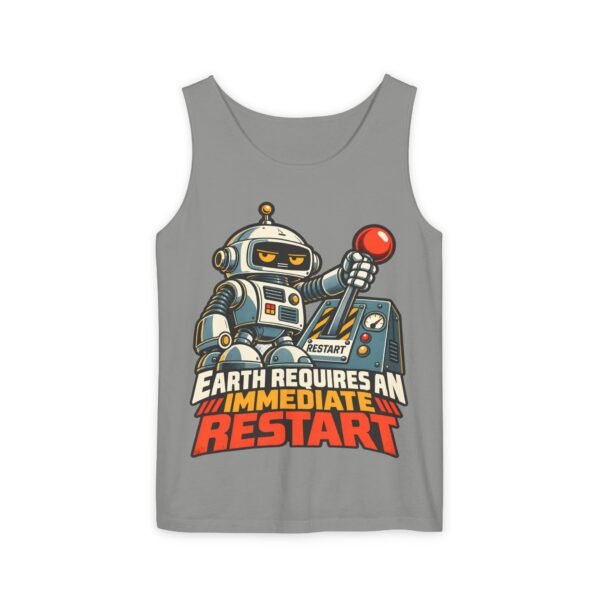 Robot Graphic Tank Top — "Earth Requires an Immediate Restart" Retro Sci‑Fi Tee