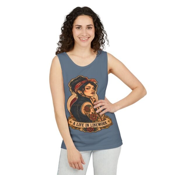Rosie Tattooed Worker 'A Life in Line Work' Tank Top | Retro Pinup Workwear