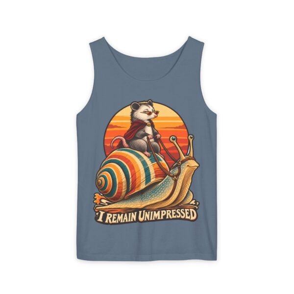 I Remain Unimpressed Tank Top — Raccoon Riding Colorful Snail Retro Graphic
