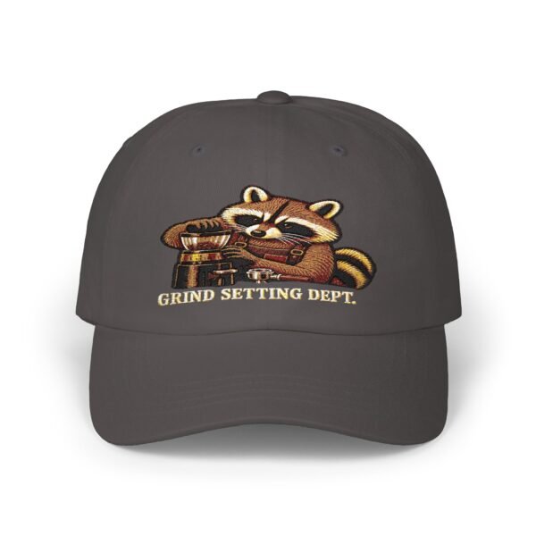 Grind Setting Dept. Raccoon Espresso Dad Cap — Relaxed Embroidered Baseball Hat