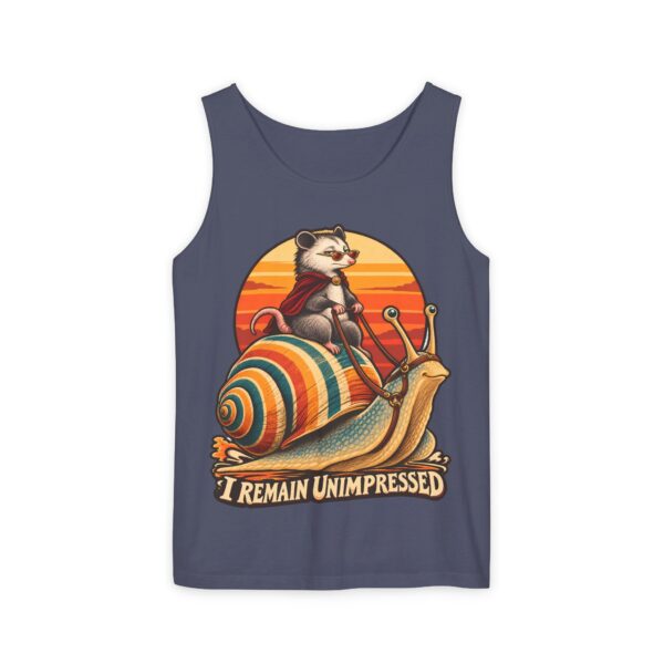 I Remain Unimpressed Tank Top — Raccoon Riding Colorful Snail Retro Graphic