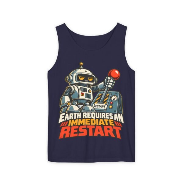 Robot Graphic Tank Top — "Earth Requires an Immediate Restart" Retro Sci‑Fi Tee