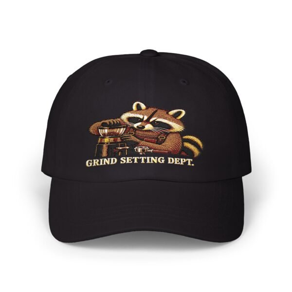 Grind Setting Dept. Raccoon Espresso Dad Cap — Relaxed Embroidered Baseball Hat