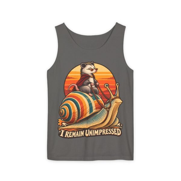 I Remain Unimpressed Tank Top — Raccoon Riding Colorful Snail Retro Graphic
