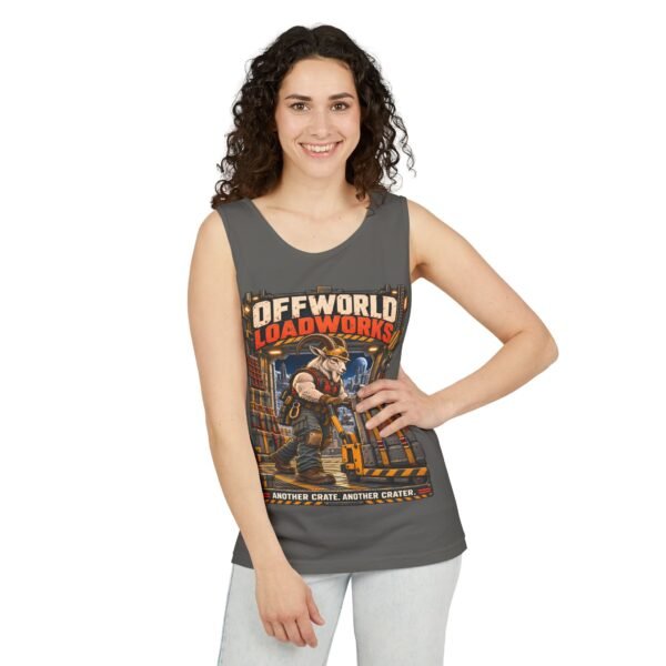 Offworld Loadworks sci-fi warehouse Mountain Goat Worker illustration Tank Top | space cargo loading